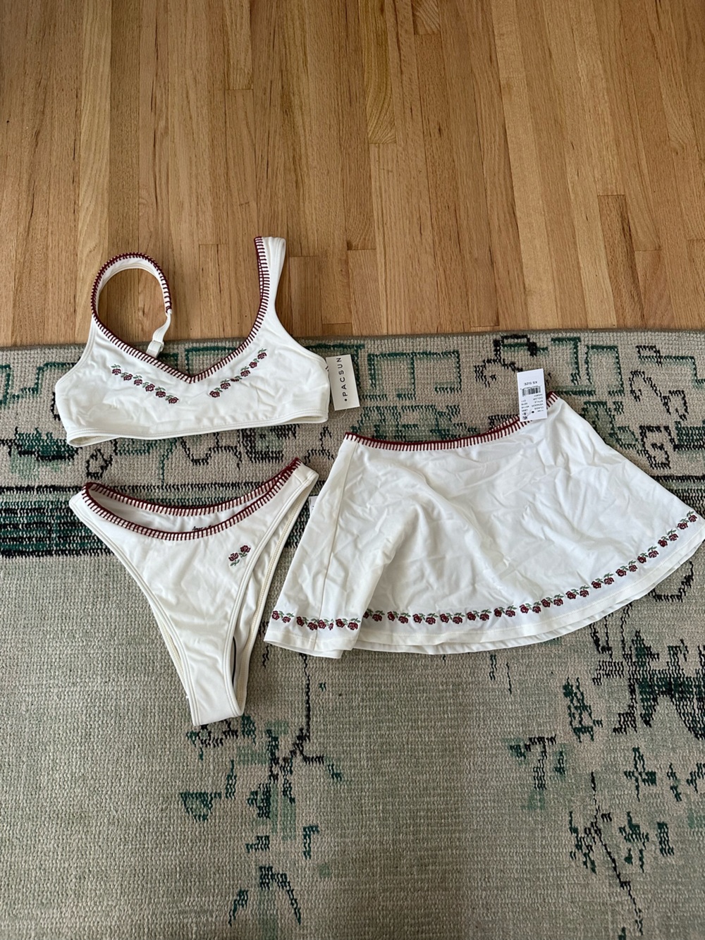 NWT PacSun Amor y Besos Off White Bikini Set with Skirt and Red Stitching
